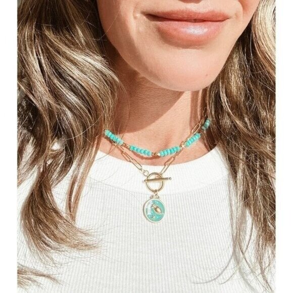 Zodiac Pendant Necklace Waterproof Gold Toggle Clasp Turquoise pendant Necklace - Picture 4 of 12